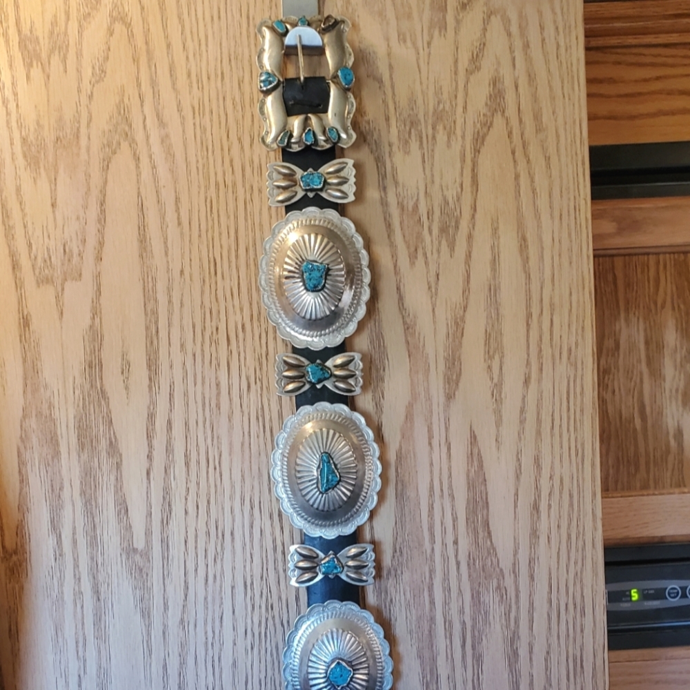 Vtg Turquoise & Faux Silver Plated Concho Belt